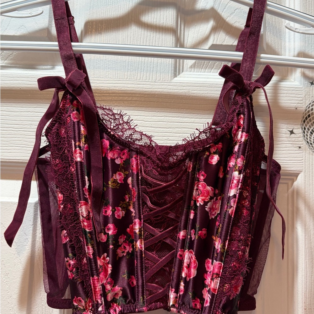 Floral Lace-Up Burgundy Bustier Corset Top
